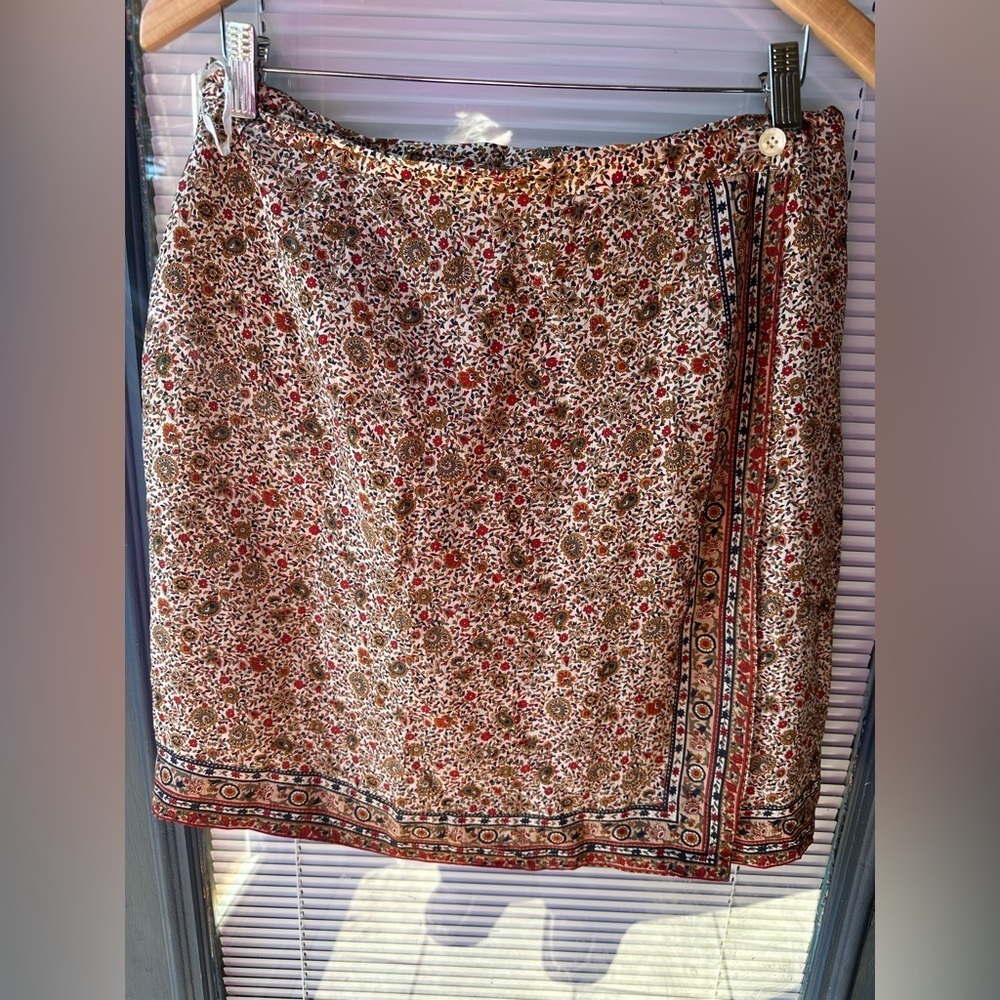 Vtg Talbots 14 Petite 100% Silk Floral Bohemian Mini True Wrap Skirt Fall Warm